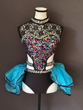 Glamour Costumes Black Turquoise Lace Sequin High Neck Bustle Dance Costume SA